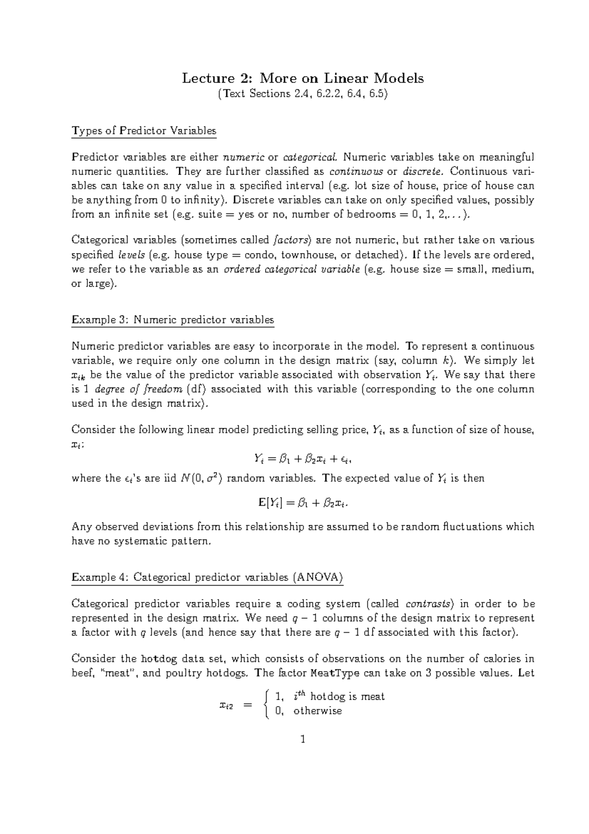402L2 - lecture notes - Lecture 2: More on Linear Models (Text Sections ...