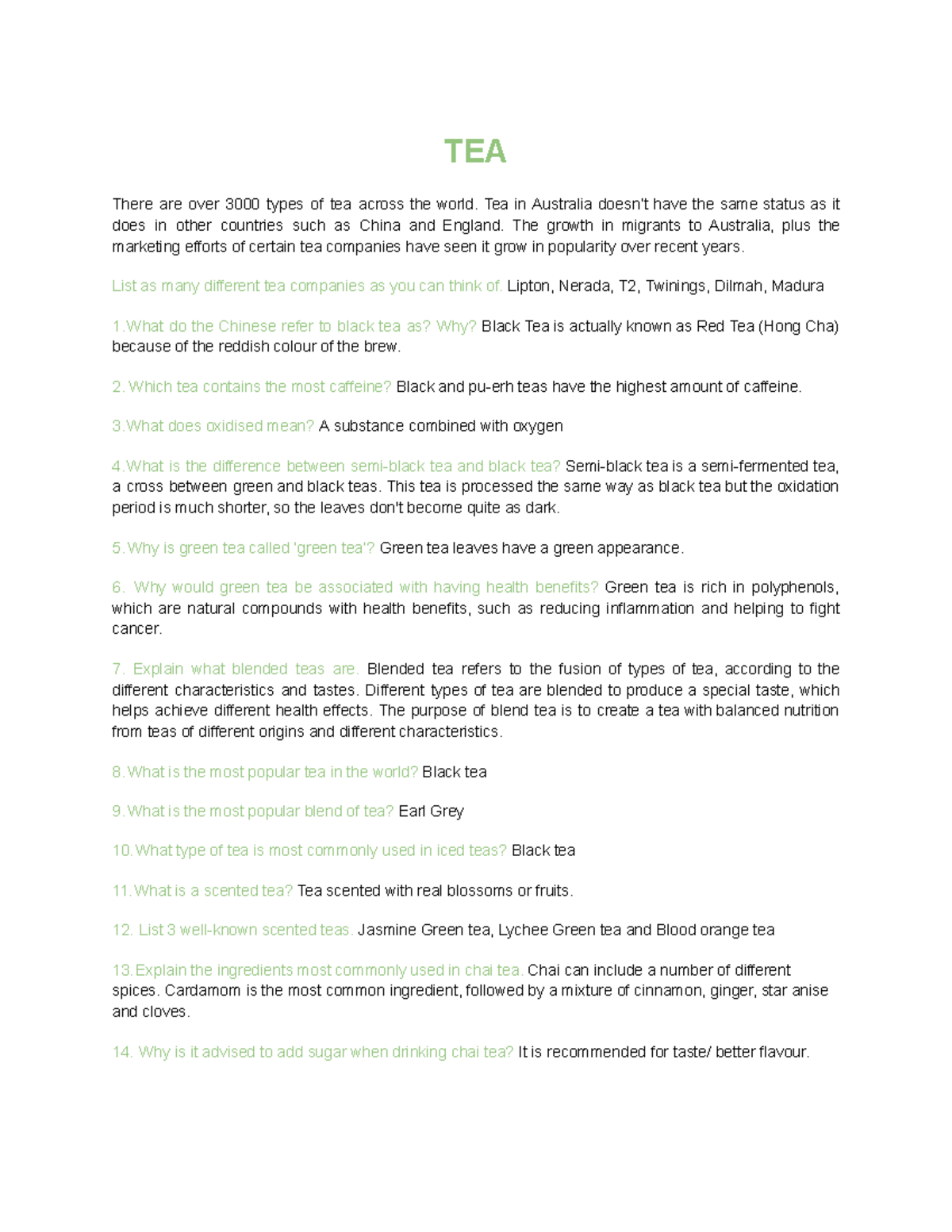 Tea worksheet - Tea facts - TEA There are over 3000 types of tea across ...
