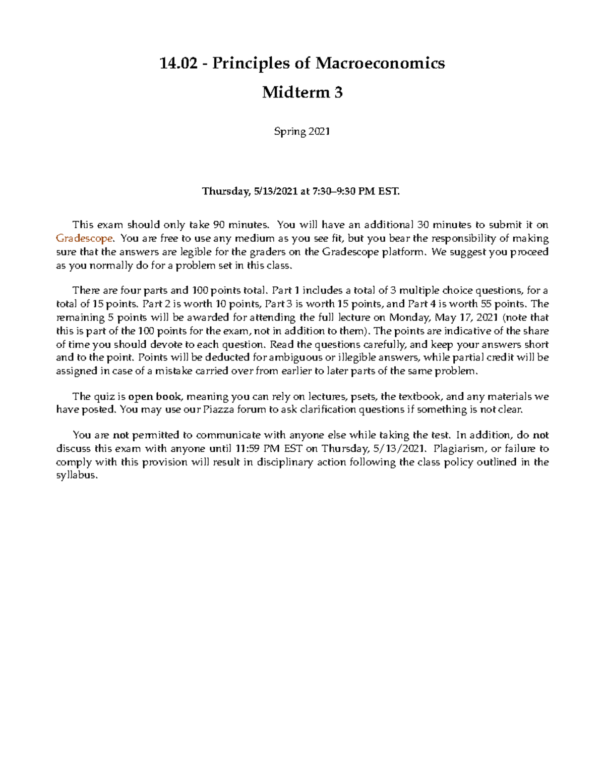 Exam 3 Questions - 14 - Principles of Macroeconomics Midterm 3 Spring ...