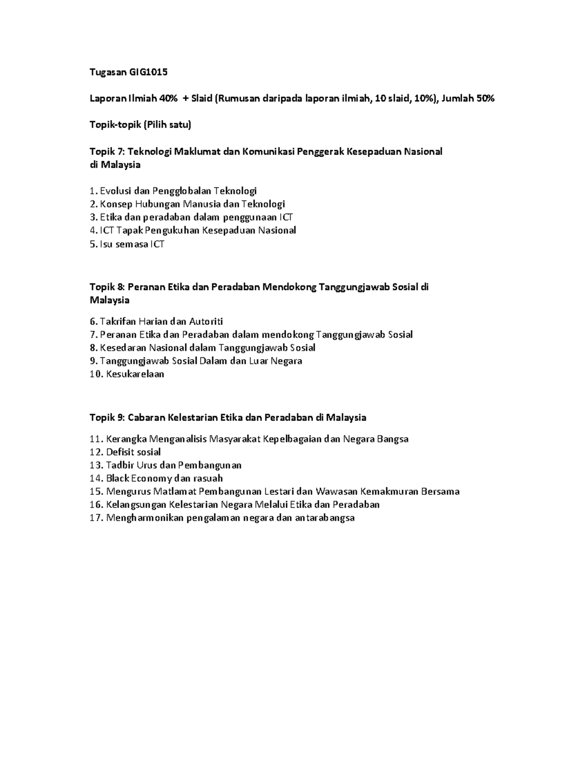 Tajuk Tugasan Gig1015 New Course Beginning 2021 List Of Titles To Choose From Tugasan Gig Studocu