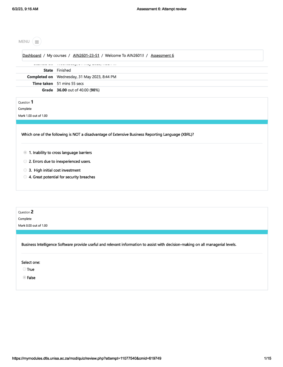 Ain assessment 6 attempt KG - AIN2601 - Studocu