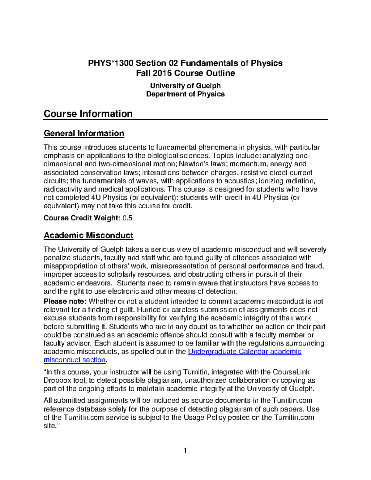 Phys1300 Course Outline - Phys*1300 Section 02 Fundamentals Of Physics 