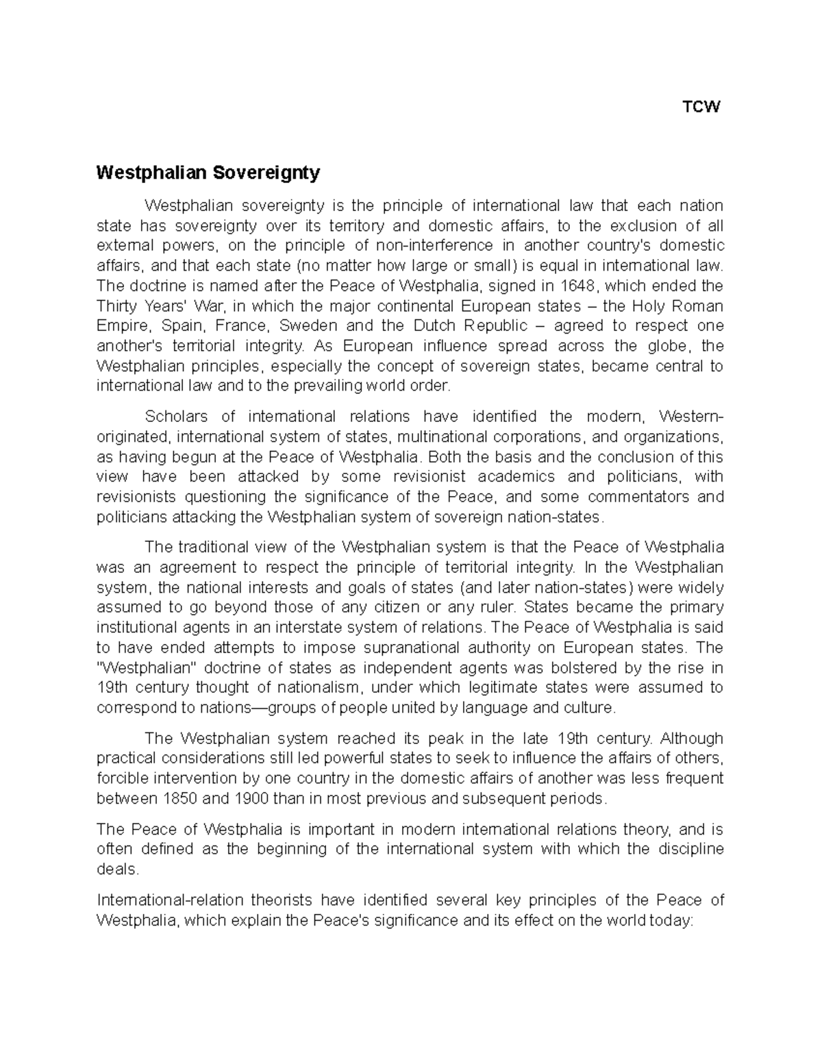Westphalian Sovereignty TCW Westphalian Sovereignty Westphalian