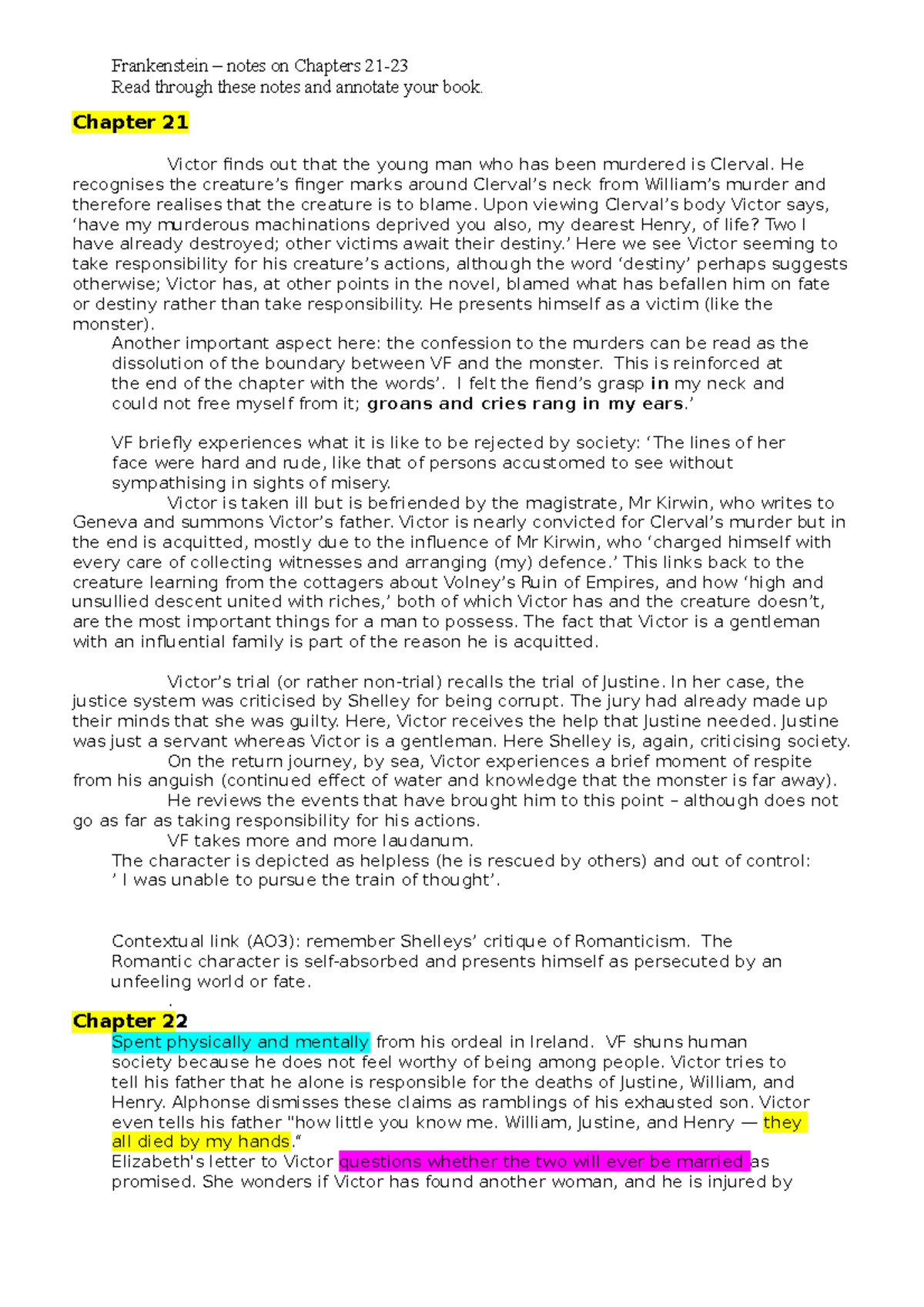 Frankenstein Chapters 21-22 notes - Frankenstein – notes on Chapters 21 ...