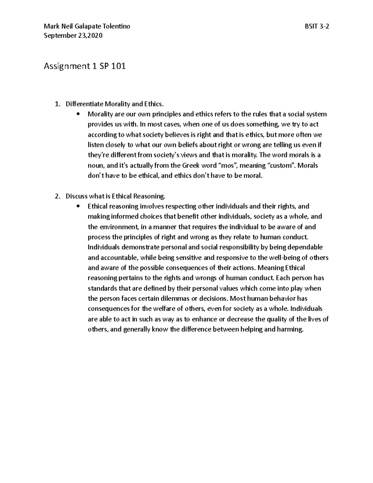 Assignment 1 SP 101 - Bachelor of Science in Information Technology ...