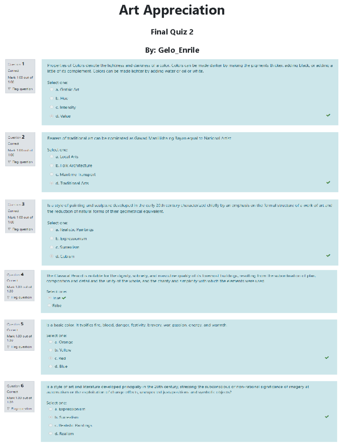 Art Appreciatio Final Quiz 2 - Studocu