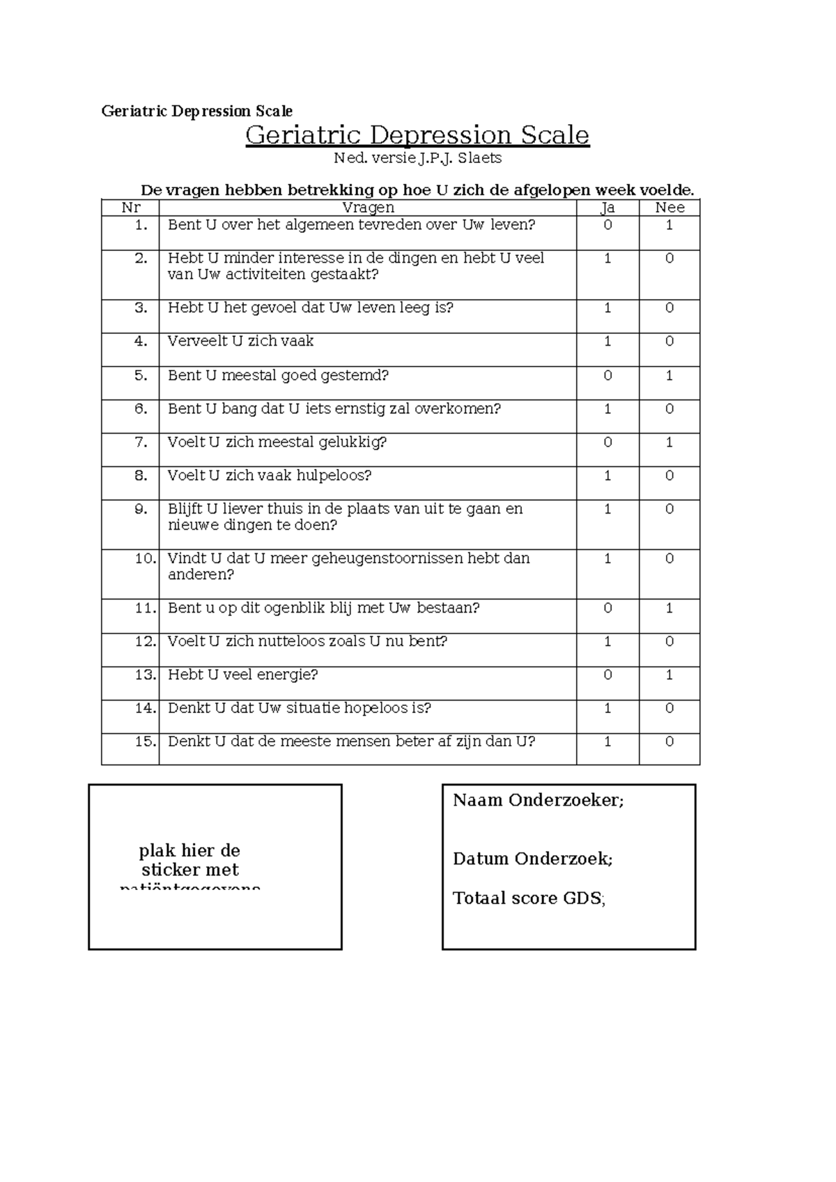 GDS-leeg - Leeg GDS formulier voor de werkgroep - Geriatric Depression ...