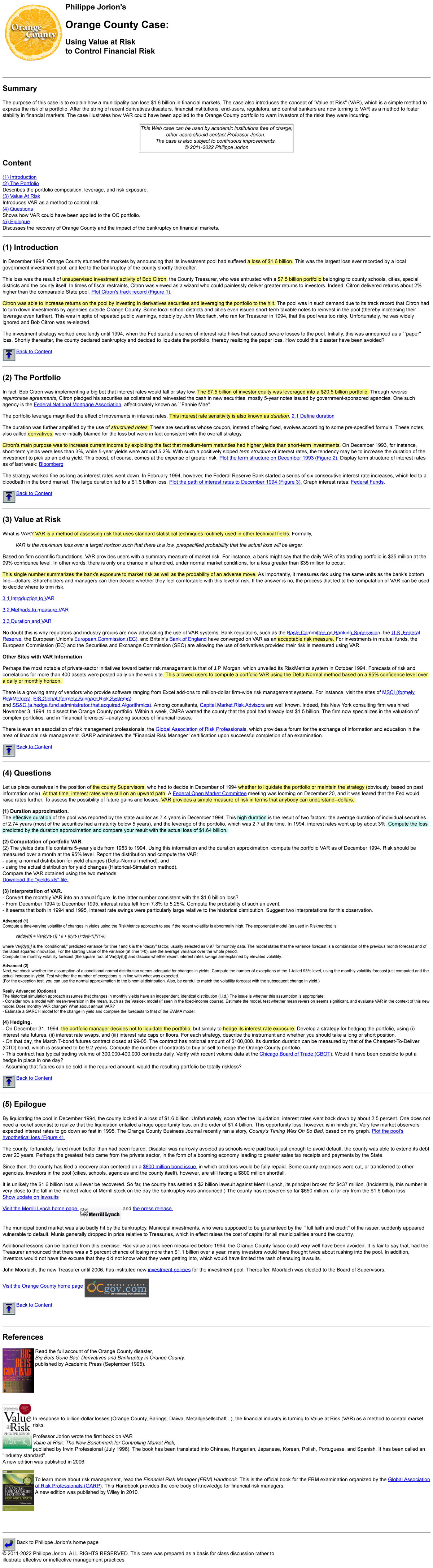 Risk management Orange Country Case Philippe Jorion's Orange County