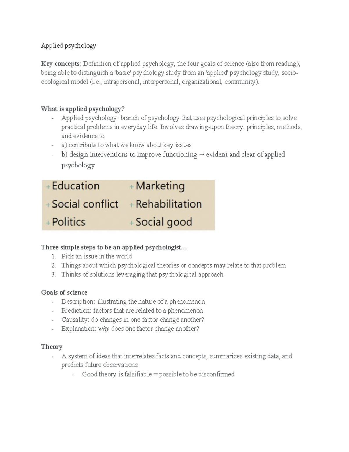 Week 1 - notes for week 1 - Applied psychology Key concepts: Definition ...