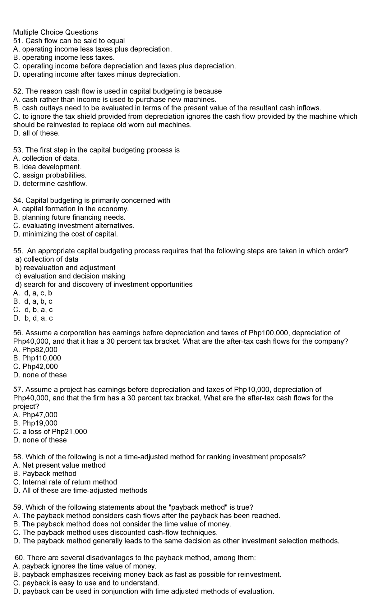 Chap012 Capital Budgeting Quiz - Multiple Choice Questions 51. Cash ...