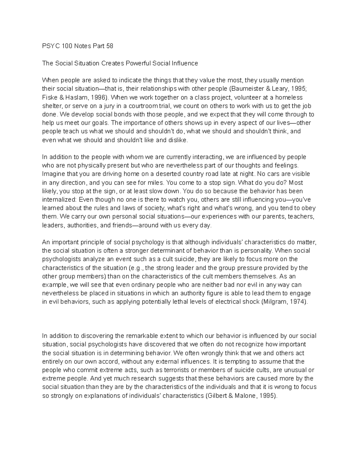 PSYC 100 Notes Part 58 - PSYC 100 Notes Part 58 The Social Situation ...