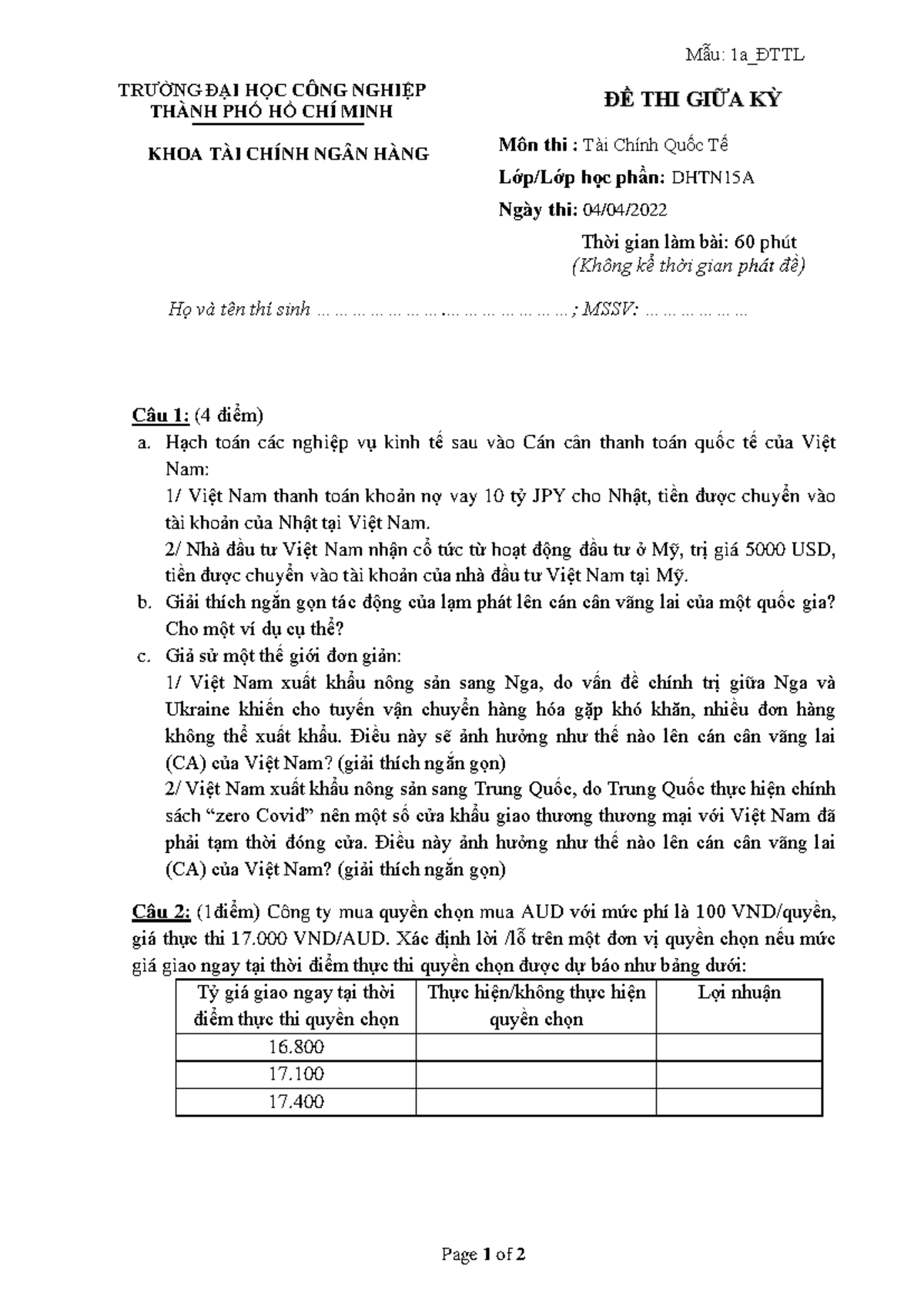 Đề mẫu Thi GKi số 1 - Mẫu: 1a_ĐTTL Page 1 of 2 TRƯỜNG ĐẠI HỌC CÔNG ...