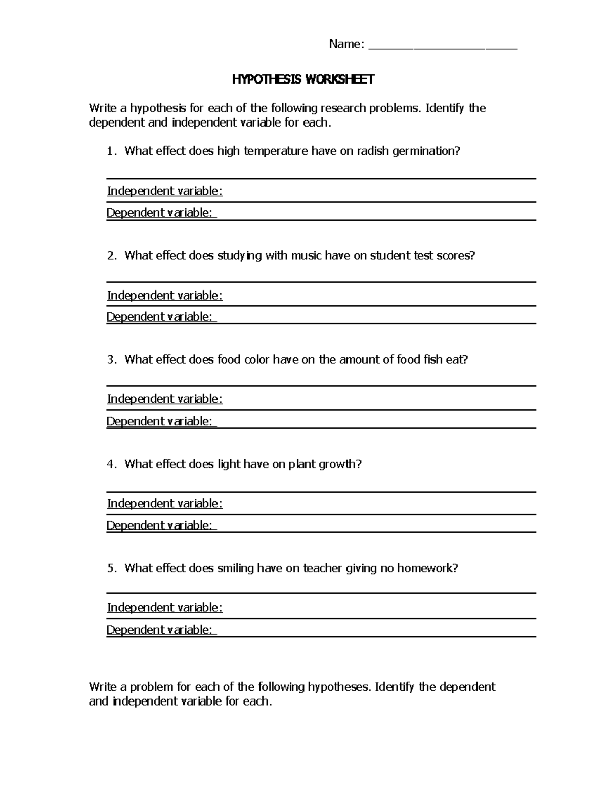 Hypothesis Worksheet ISOIJSOIAJ Name HYPOTHESIS WORKSHEET Write A 