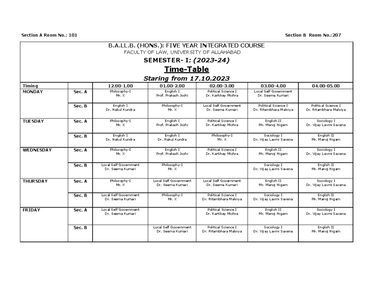 Time-Table of Sem. I (Sec.A & B) 2023-24 - Section A Room No.: 101 ...