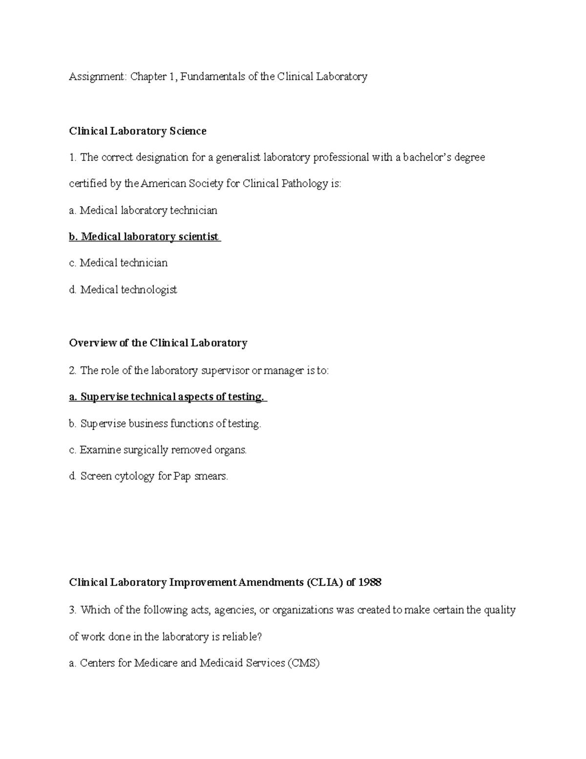 Chapter 1, Fundamentals Of The Clinical Laboratory - Assignment ...