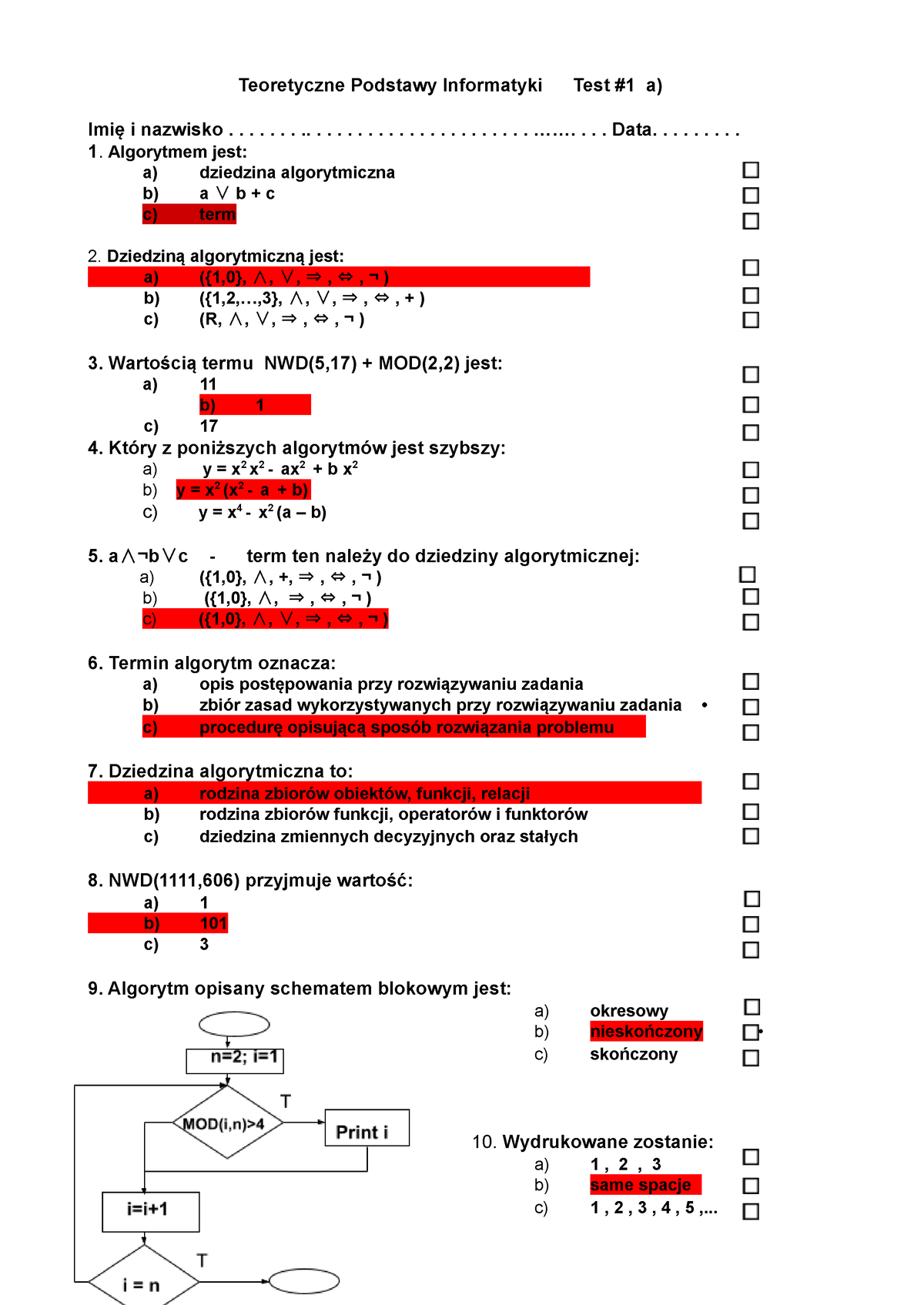 Test Przykladowy Nr 1 - Teoretyczne Podstawy Informatyki Test #1 A ...