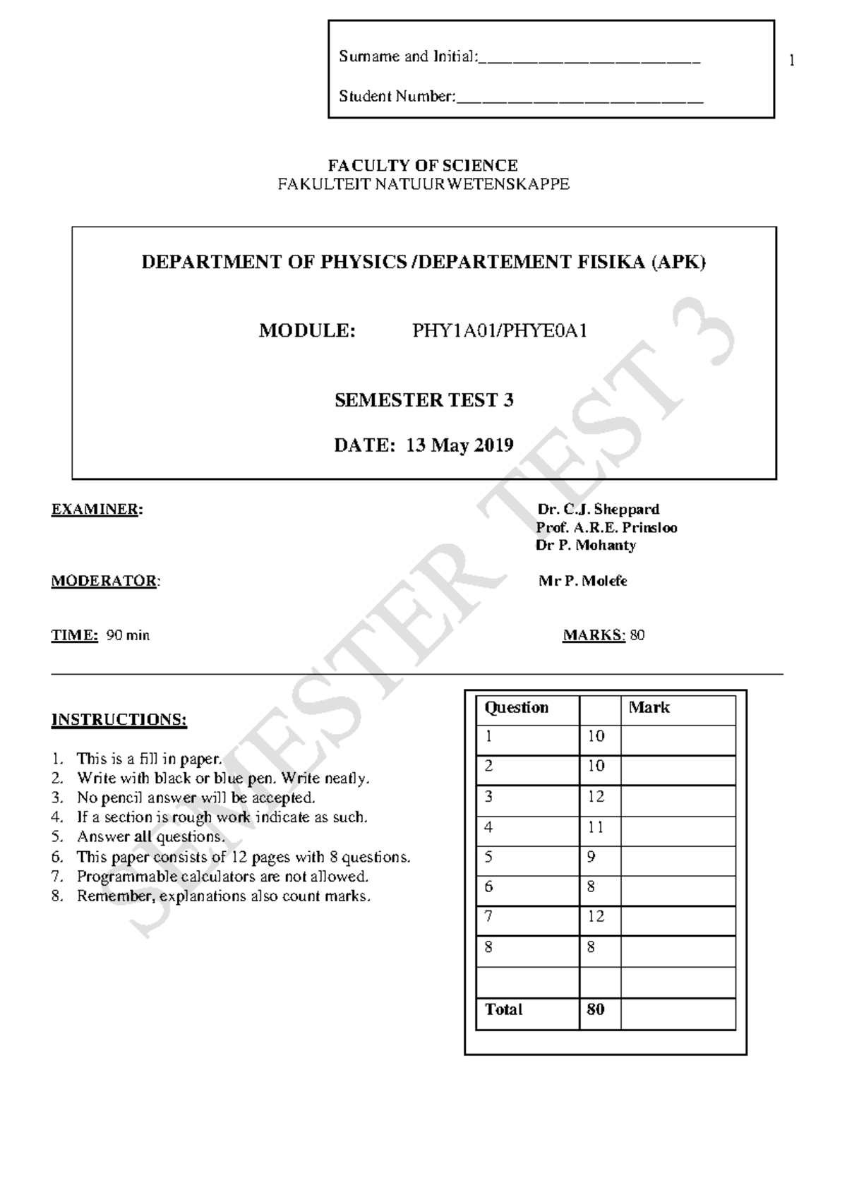 Semestertest 3 13 May 2019 Test Memo Surname And Initial