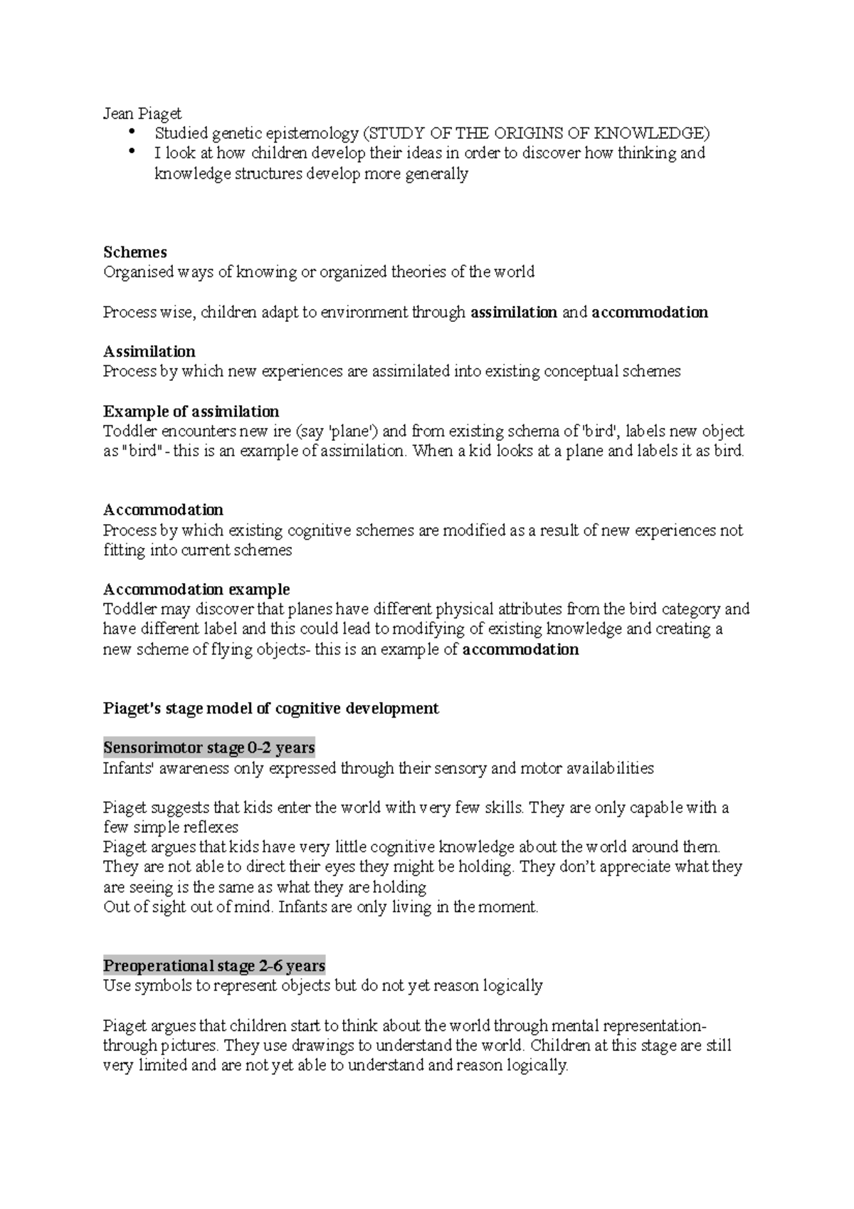 Cognitive development notes - Jean Piaget Studied genetic epistemology ...