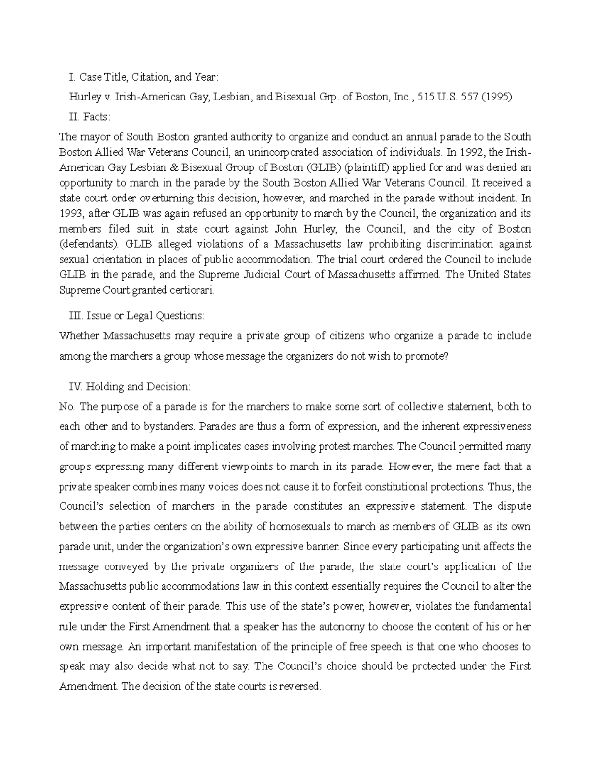 Hurley v. IrishAmerican Gay, Lesbian, and Bisexual Grp. of Boston, Inc., 515 U.S. 557 (1995