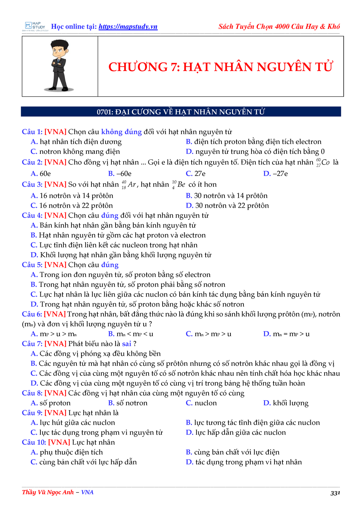 Chương Hạt Nhân Và Nguyên Tử - CHƯƠNG 7: HẠT NH¬N NGUY N TỬ 0701: ĐẠI ...