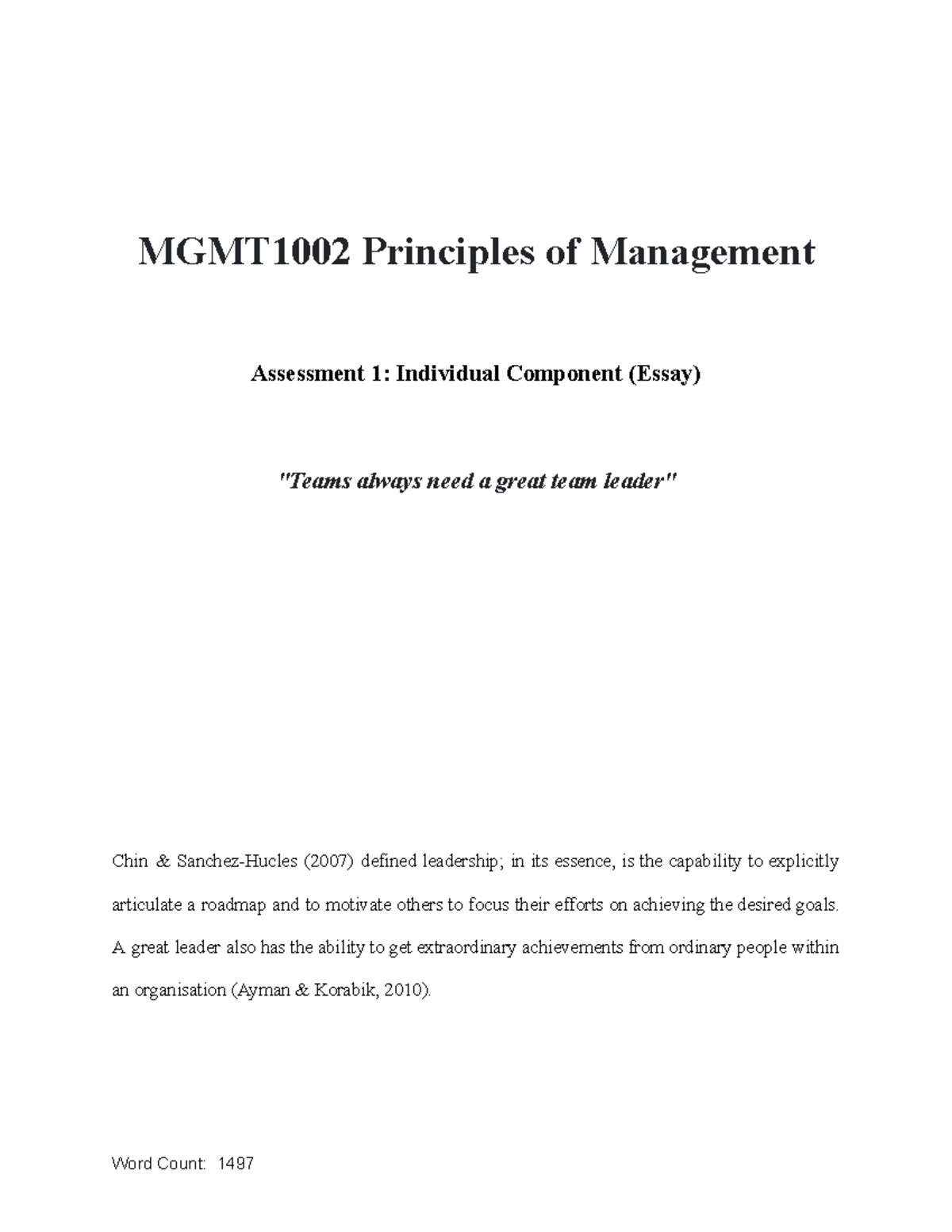 Assessment Task 1 - Essay Problem Question - MGMT1002 Principles Of ...