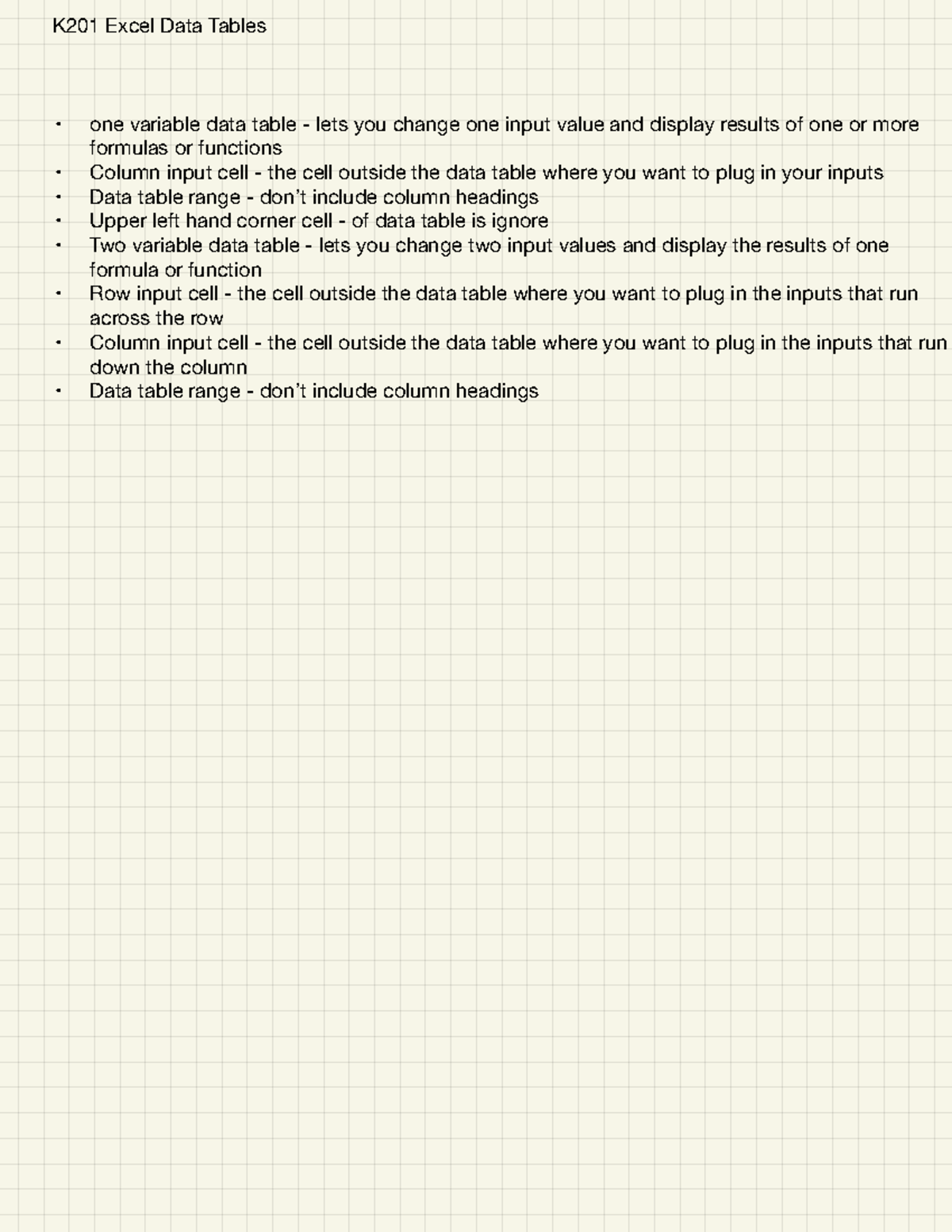 Data Table Summaries For K201 - K201 Excel Data Tables One Variable ...