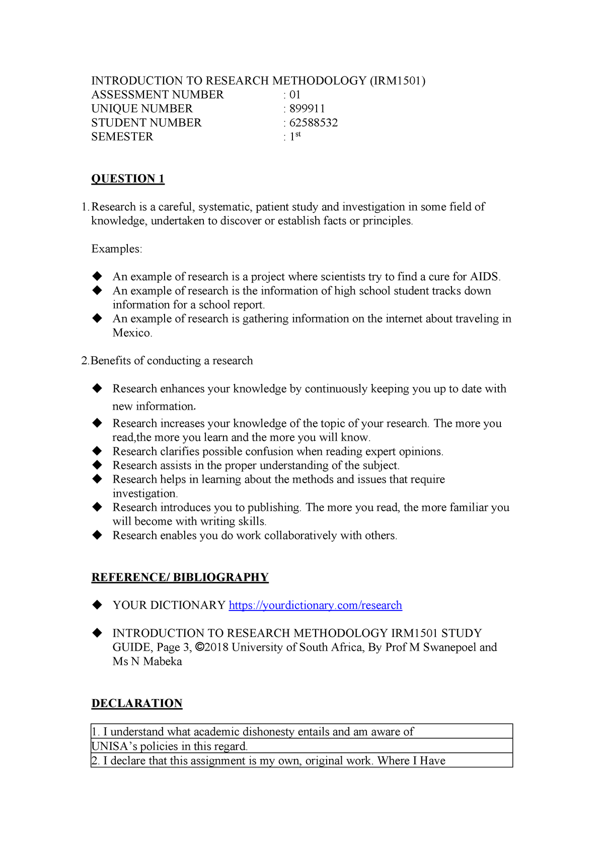 IRM1501 Stdnt 62588532 ASS1 2019 - INTRODUCTION TO RESEARCH METHODOLOGY ...