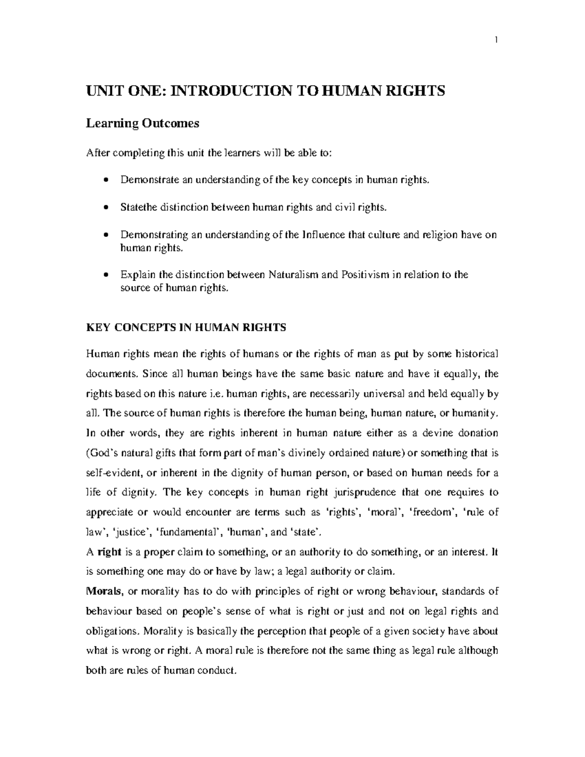 LLB 106 Human Rights Law - UNIT ONE: INTRODUCTION TO HUMAN RIGHTS ...