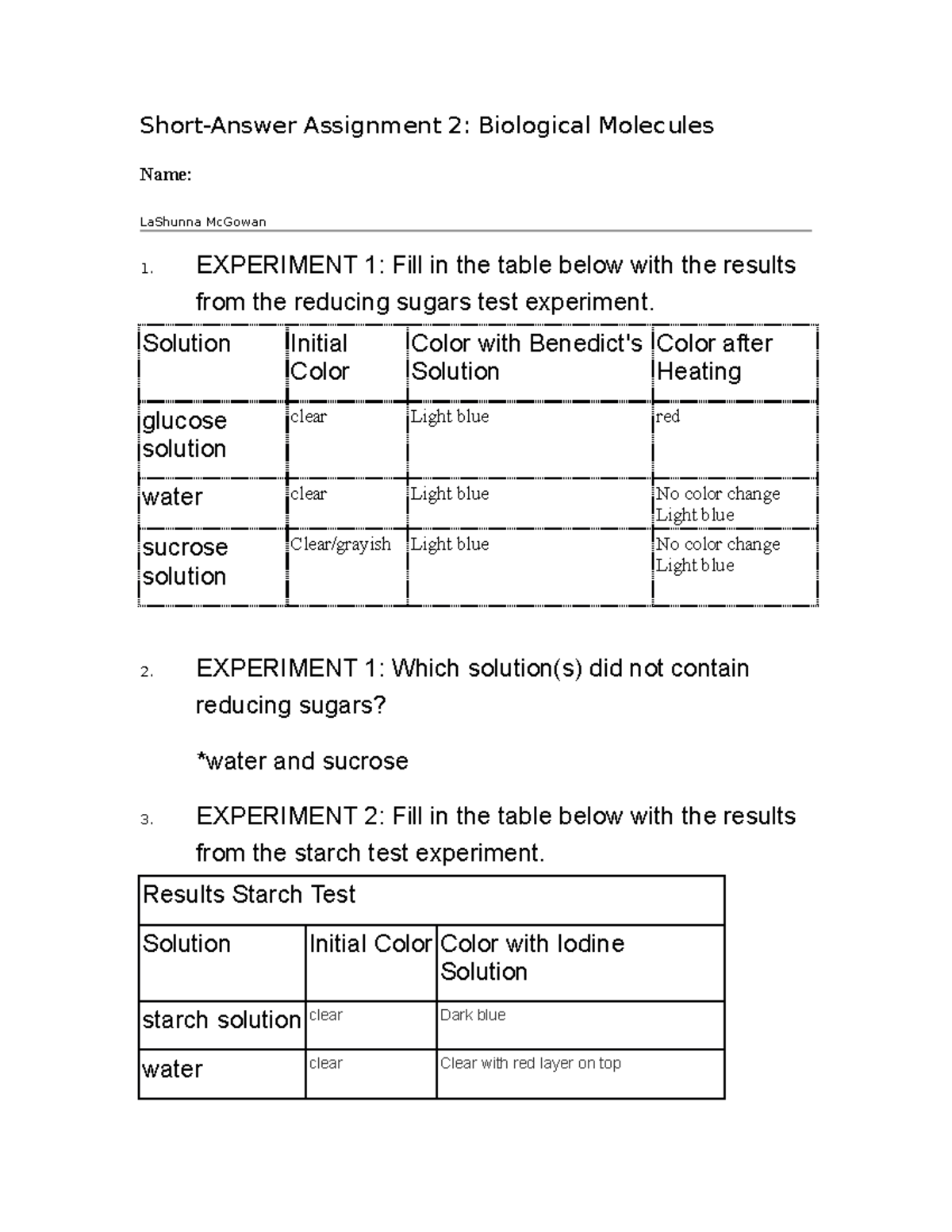 Biology Lab SA Ex-2 Biological Molecules - BIOL 1010 - UofM - Studocu