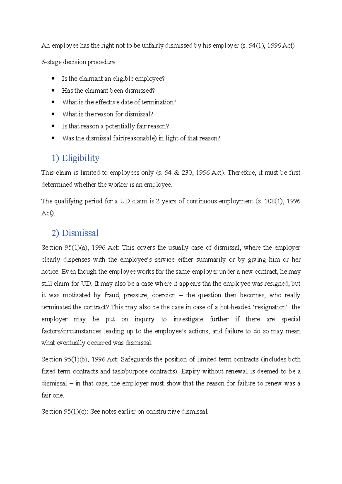Notes - Unfair Dismissal - An employee has the right not to be unfairly ...