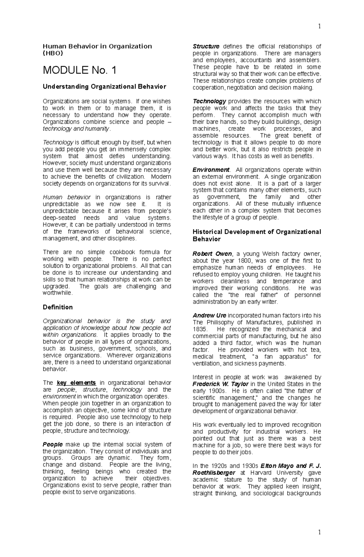 HBO-Module-No - Notes - Human Behavior in Organization (HBO) MODULE No ...