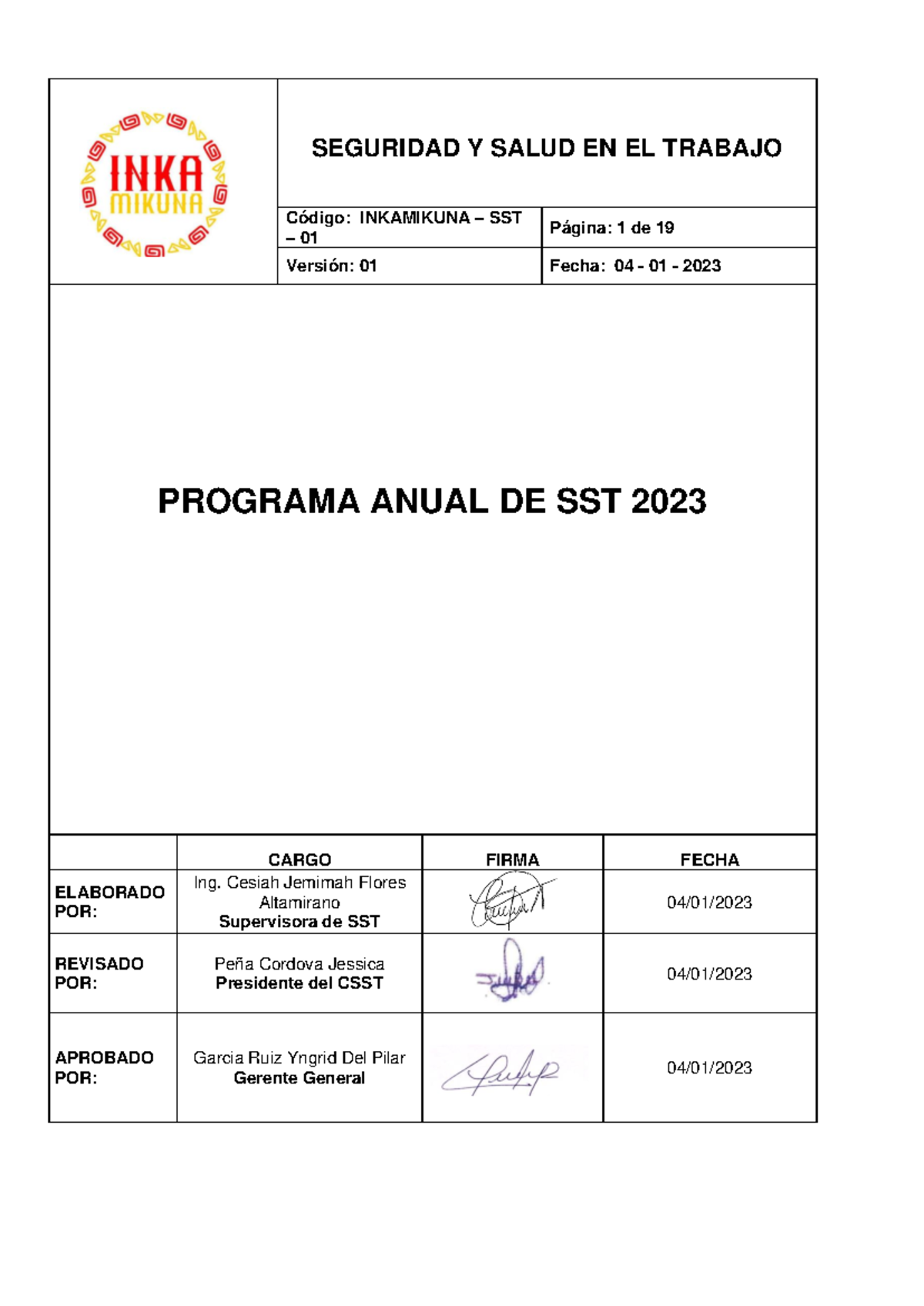 Plan Anual De Sst 2023 Inkamikuna Seguridad Y Salud En El Trabajo Código Inkamikuna Sst 1633