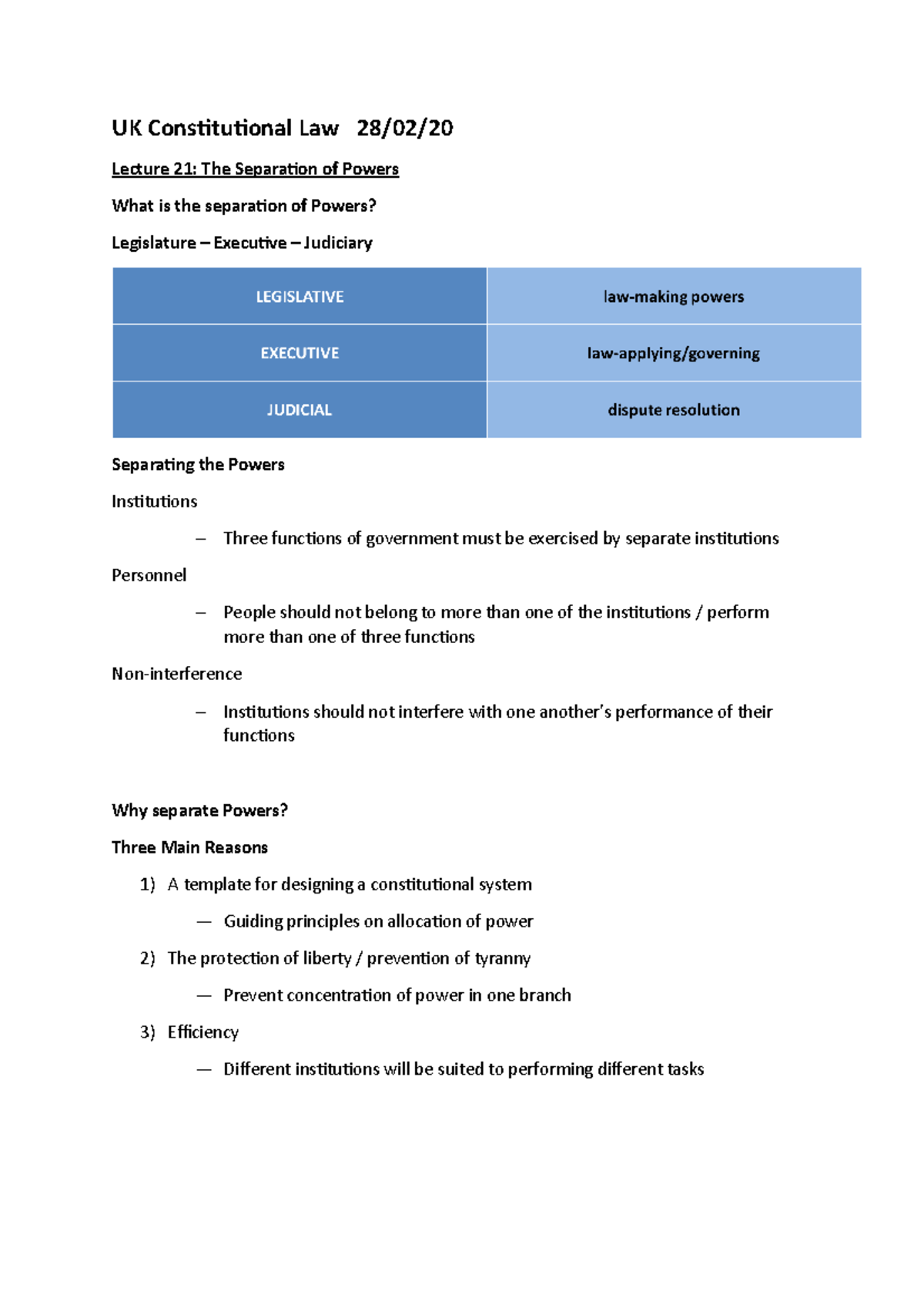Lecture 21 The Separation of Powers - UK Consituional Law 28/02 ...