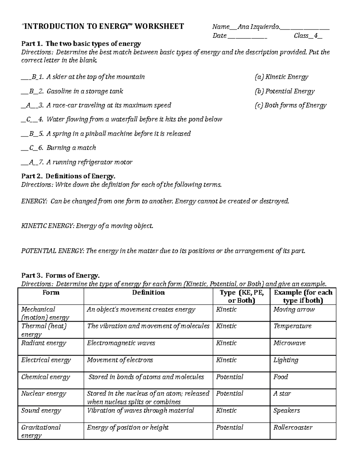 Energy A - NOOOOOOOOOOOOOOOOOOOOOOOOOOOOOOOOOOOOOOOO - “ INTRODUCTION TO  ENERGY” WORKSHEET - Studocu