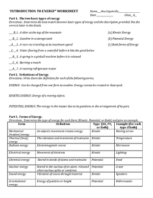 Energy A - NOOOOOOOOOOOOOOOOOOOOOOOOOOOOOOOOOOOOOOOO - “ INTRODUCTION TO  ENERGY” WORKSHEET - Studocu
