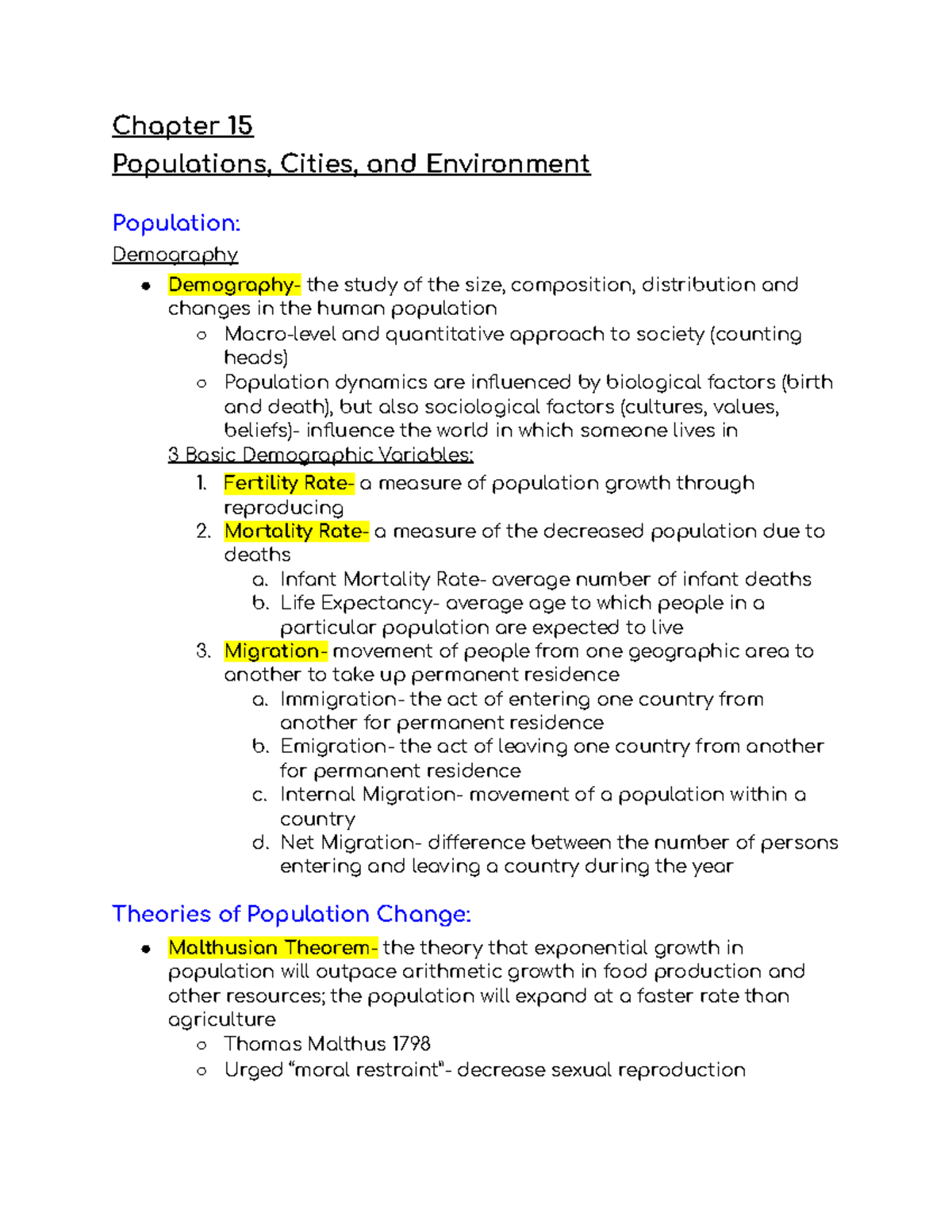 Sociology Chapter 15 Notes - Chapter 15 Populations, Cities, And ...