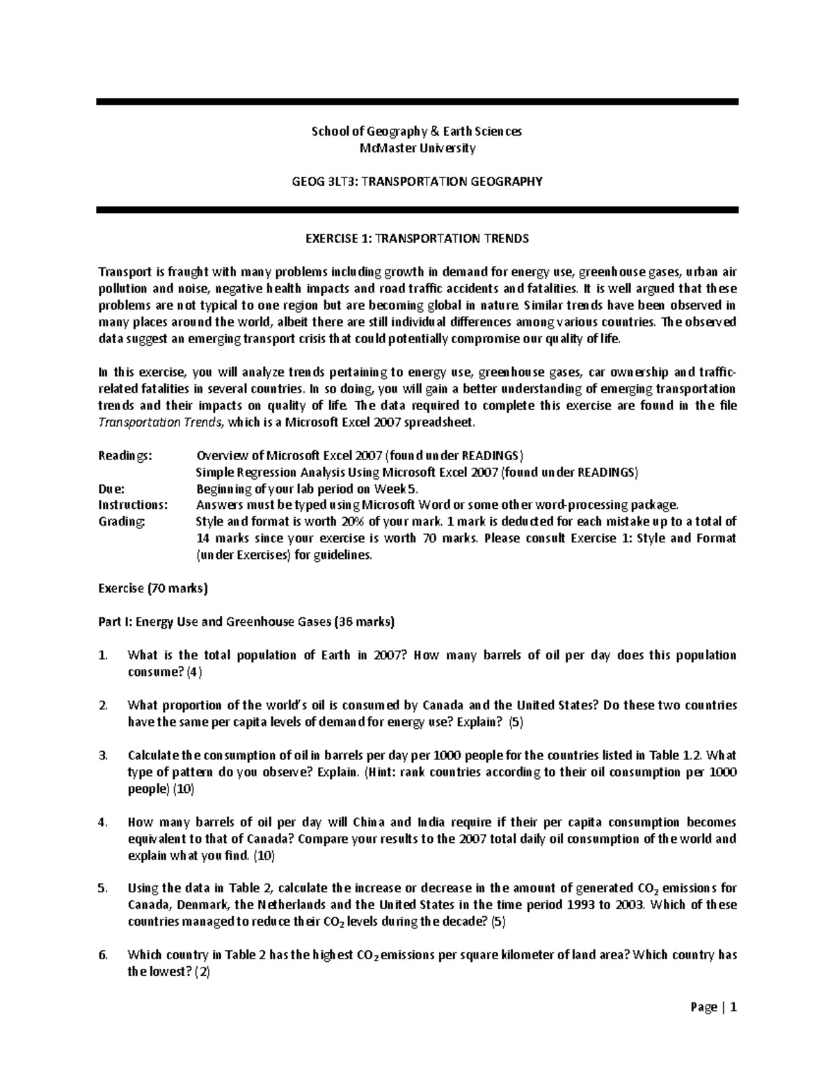 Exercise 1 (3LT3) handout School of Geography Earth Sciences
