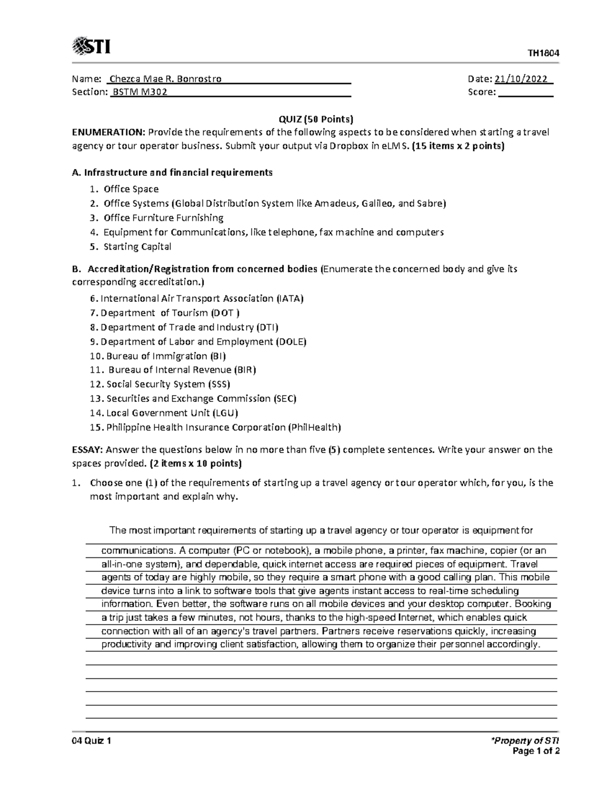 04 Quiz 1 -Tour and Travel - TH 04 Quiz 1 *Property of STI Page 1 of 2 ...