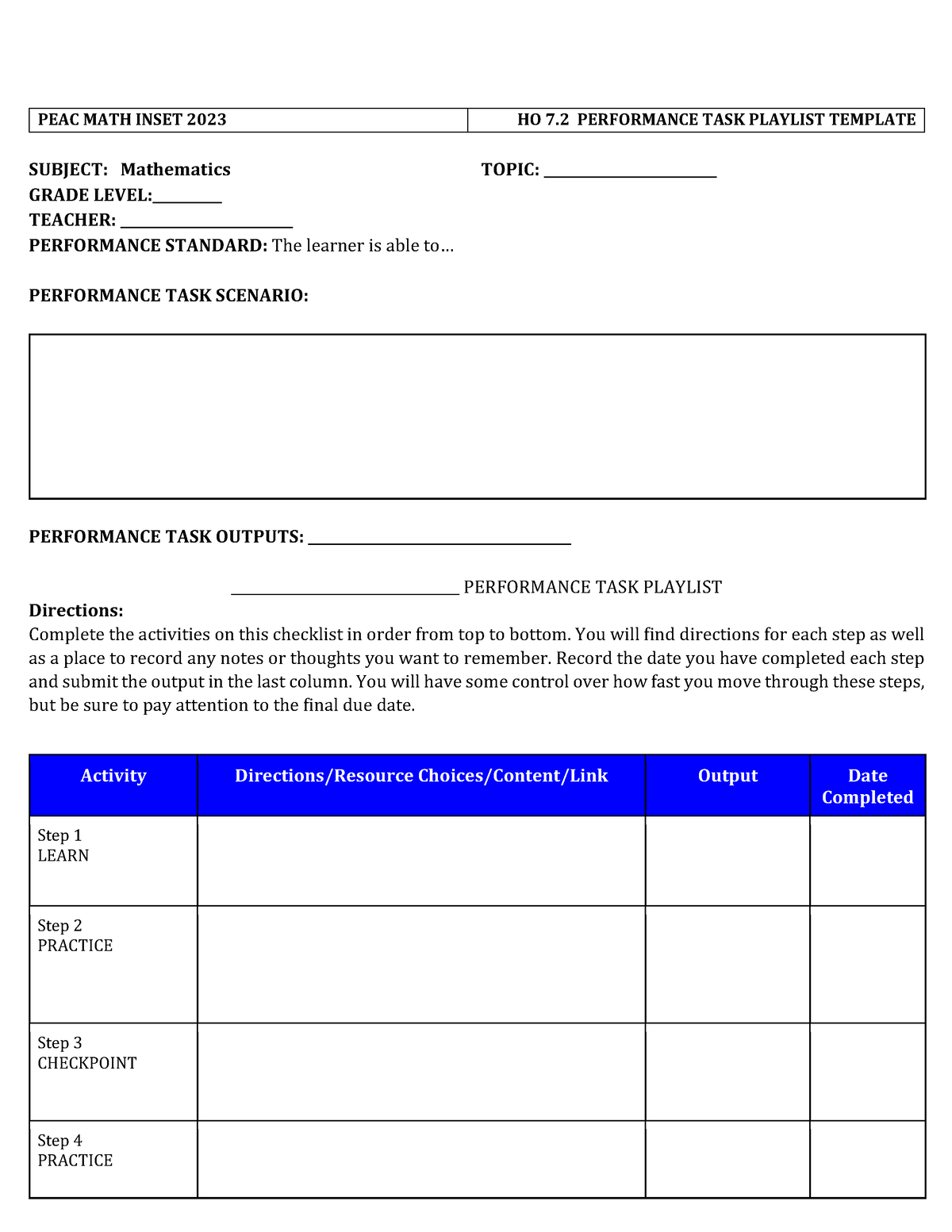 MATH 7.3 Performance Task Playlist Template - PEAC MATH INSET 2023 HO 7 ...