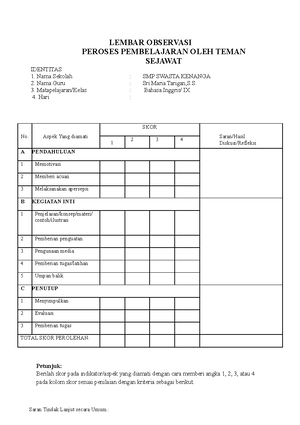 Lembar Observasi Kepala Sekolah - Lembar Observasi Peroses Pembelajaran 