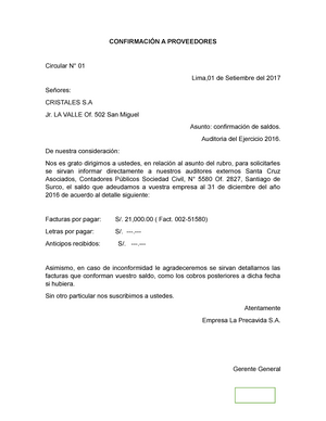 Confirmación A Proveedores POR Pagar - A PROVEEDORES Circular 01 Lima,01 de  Setiembre del 2017 - Studocu