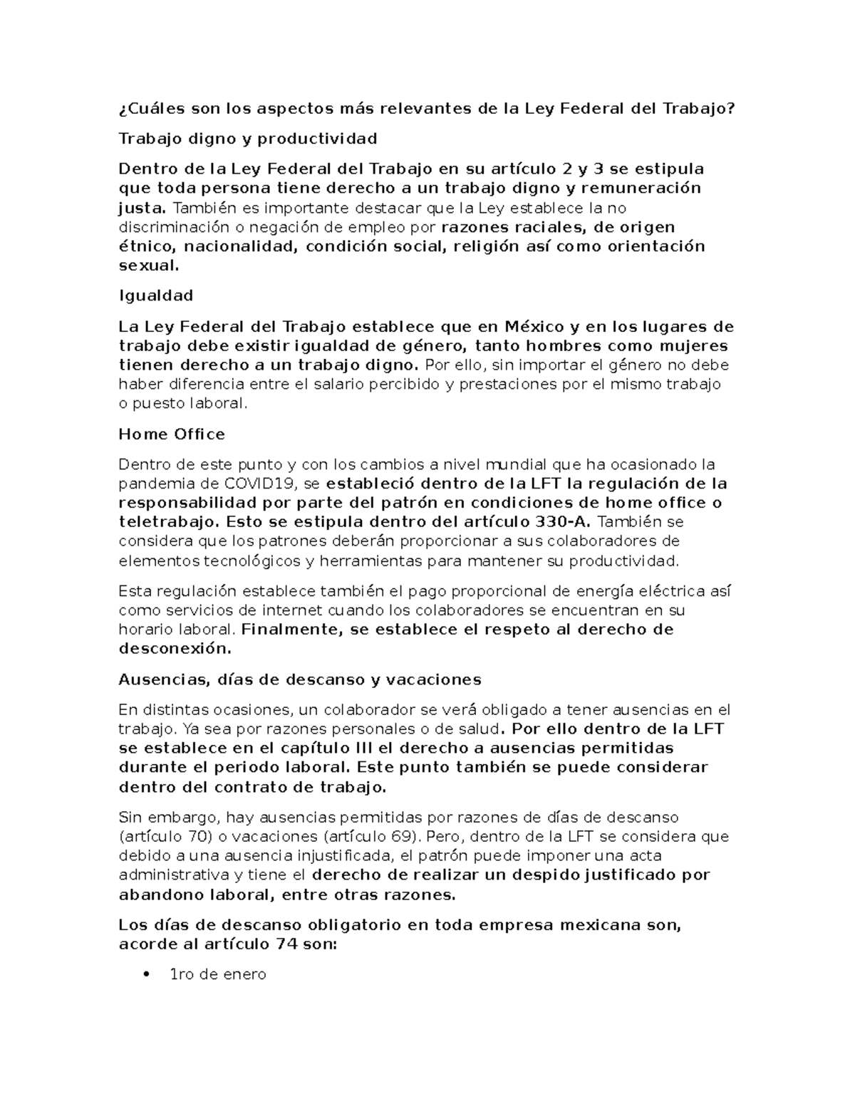 LEY Federal DE Trabajo Resumen - ¿Cuáles son los aspectos más ...