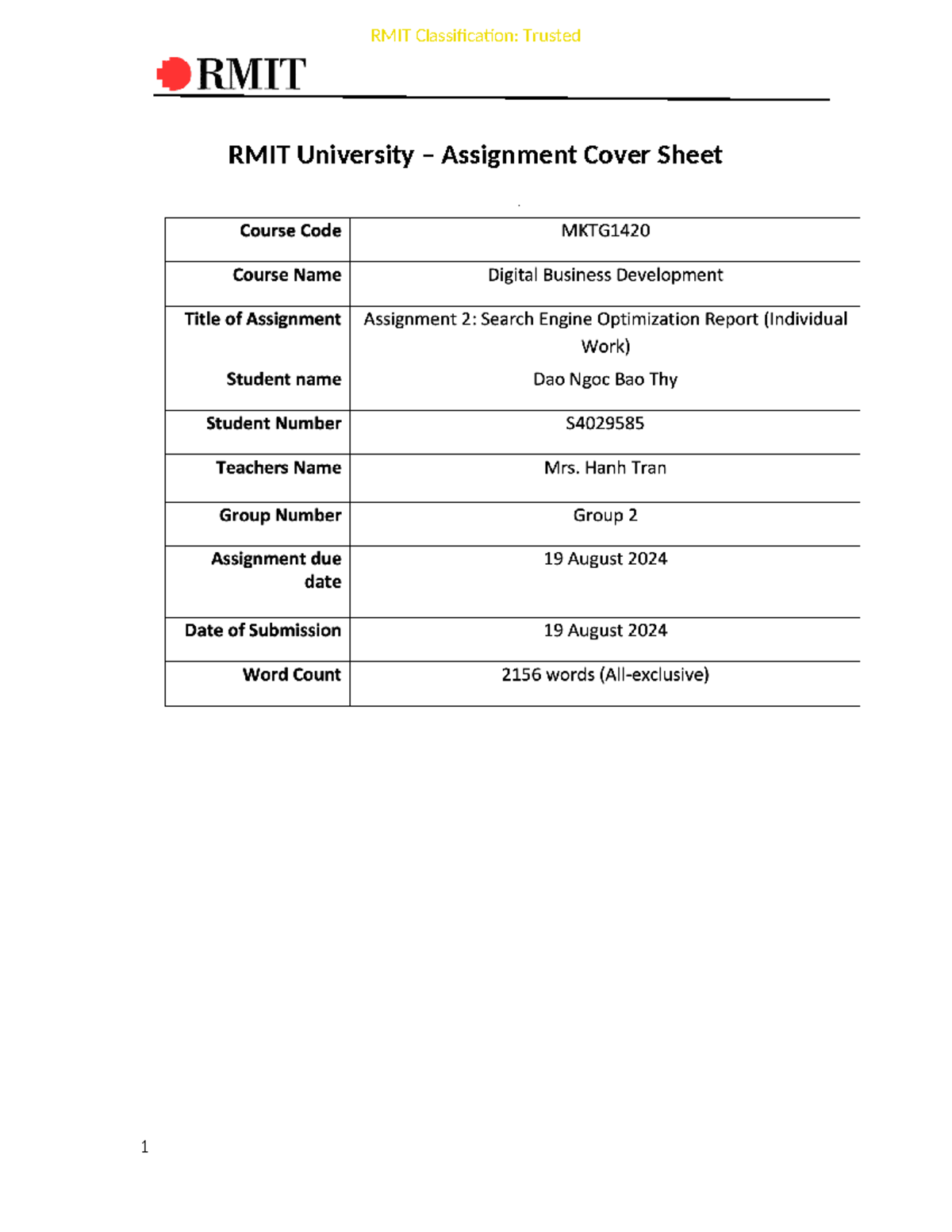 Asm 2 dbd - assigment 2 dbd - RMIT University – Assignment Cover Sheet ...