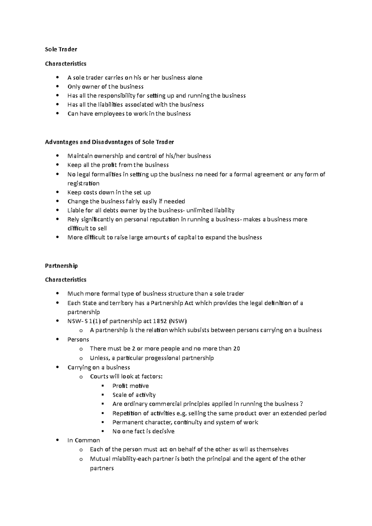 WK 11 Summary - Sole Trader Characteristics A sole trader carries on ...