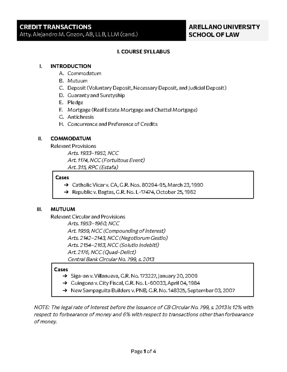 Syllabus for Credtrans - Atty. Alejandro M. Gozon, AB, LLB, LLM (cand ...