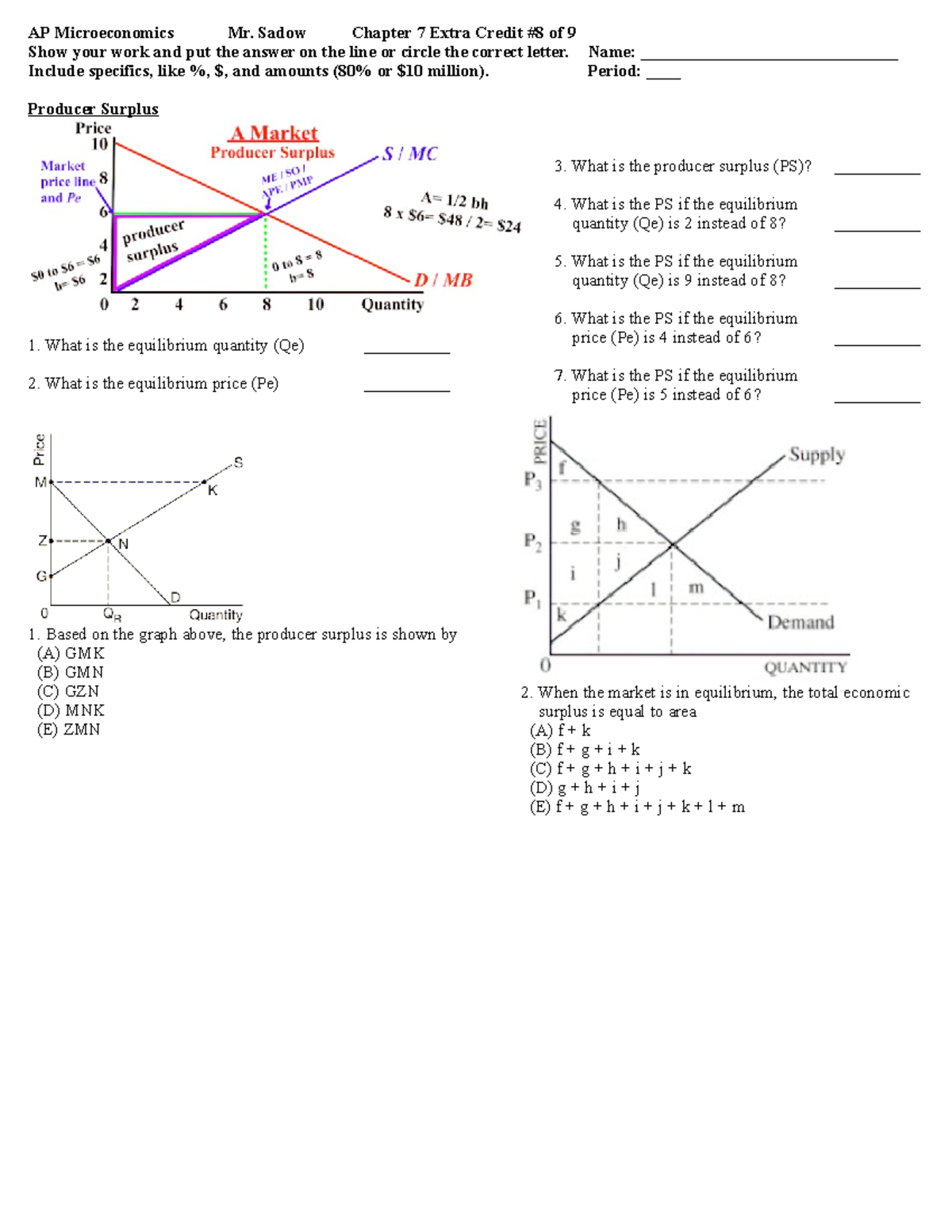 Chap7 extra credit 8 producer surplus AP Microeconomics Mr. Sadow