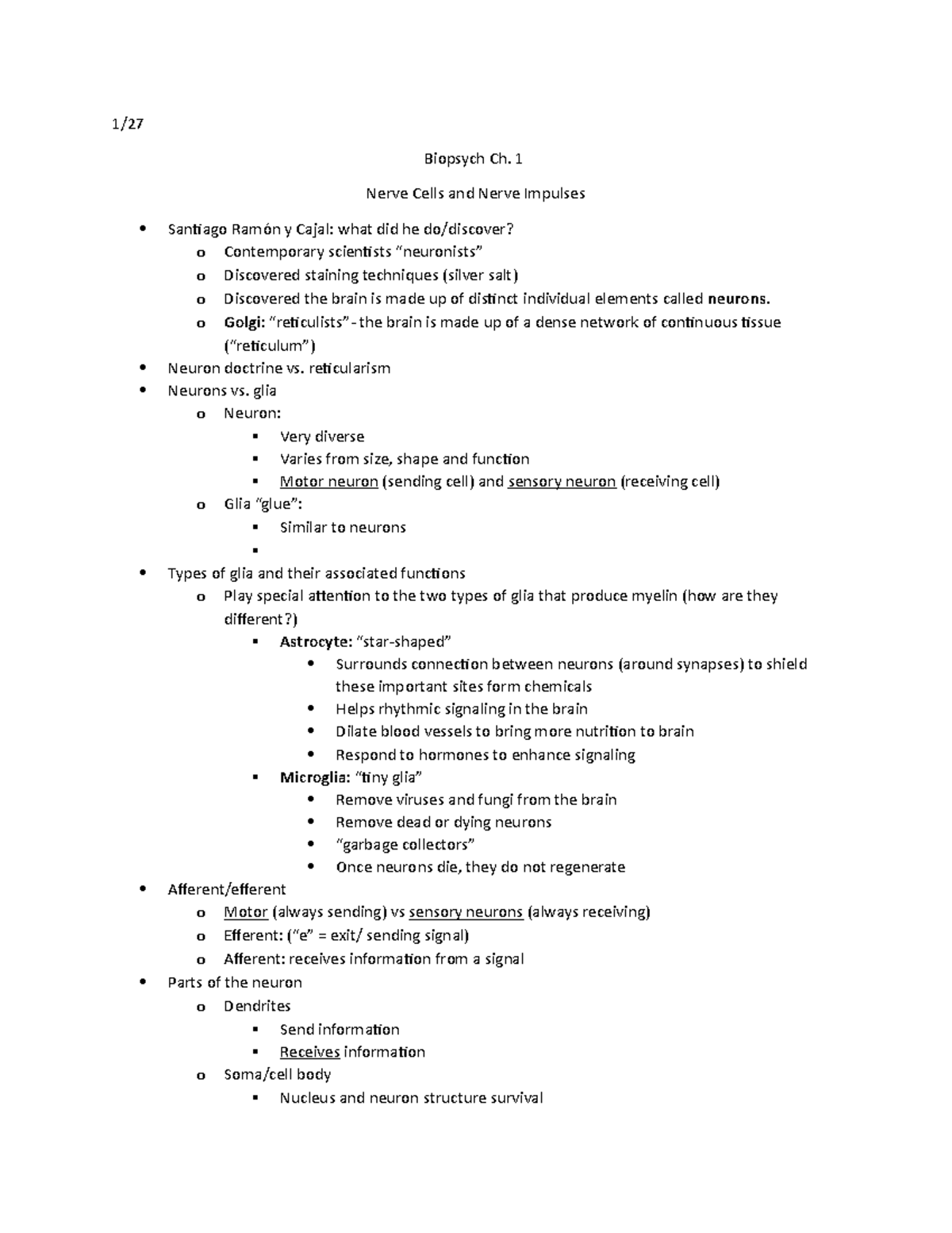 Biopsych ch. 1 - Lecture notes 2 - 1/ Biopsych Ch. 1 Nerve Cells and ...