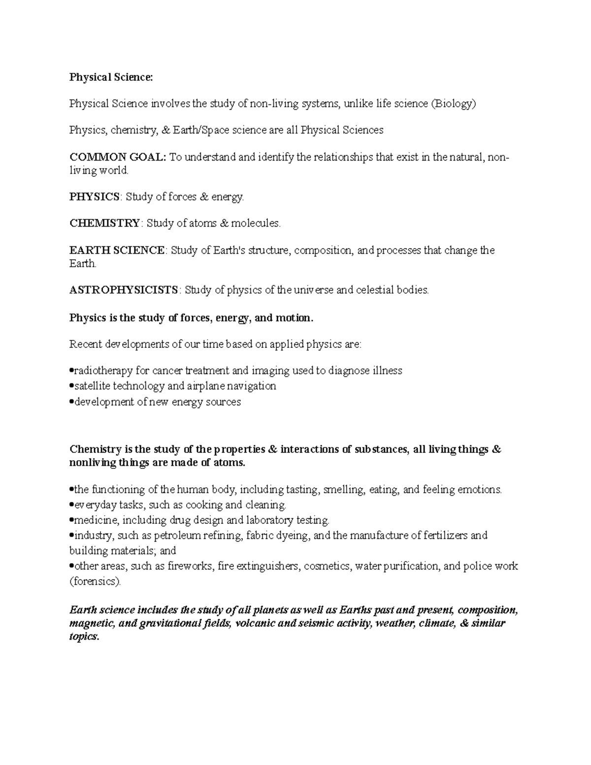 Physical Science Notes - Physical Science: Physical Science involves ...