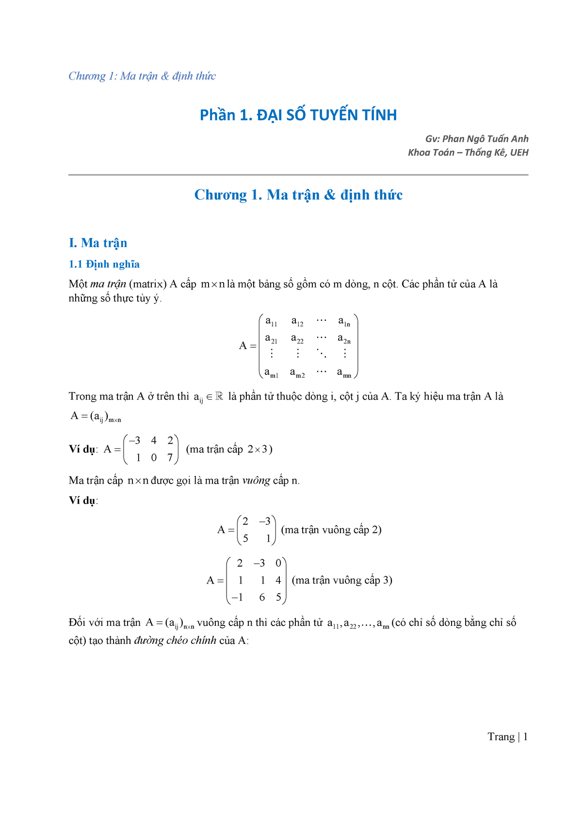 Chương 1 Ma Trận Và định Thức Phần 1 ĐẠi SỐ TuyẾn TÍnh Gv Phan Ngô Tuấn Anh Khoa Toán 3381