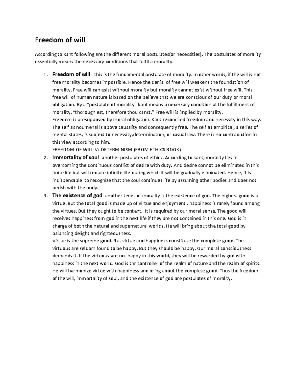 8. freedom of will Freedom of will According to kant following are